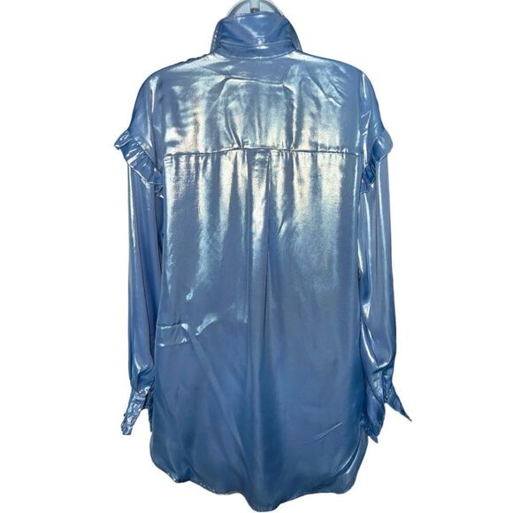 FREE PEOPLE Light Blue Oversized Ruffle Long Sleeve Holographic Shirtdress M. - Picture 3 of 5